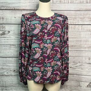 LOFT Medium Paisley Blouson Sleeve Blouse Purple Green Long Sleeve